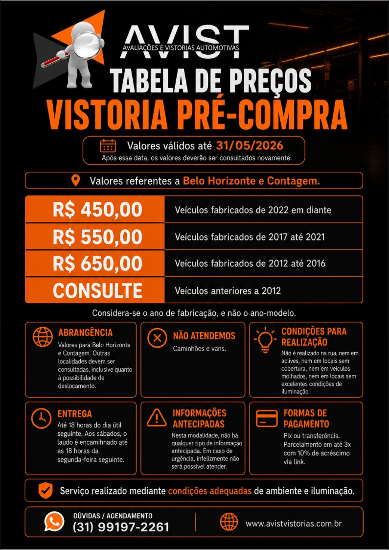 Tabela de precos vistoria pre-compra Avist